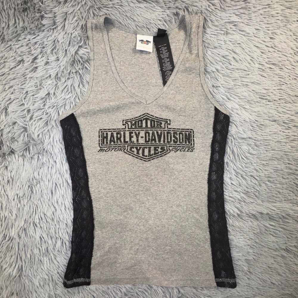 Harley Davidson Women's Large Gray Lace Side Trim Ribbed V-Neck Tank Top Shirt - Picture 8 of 9